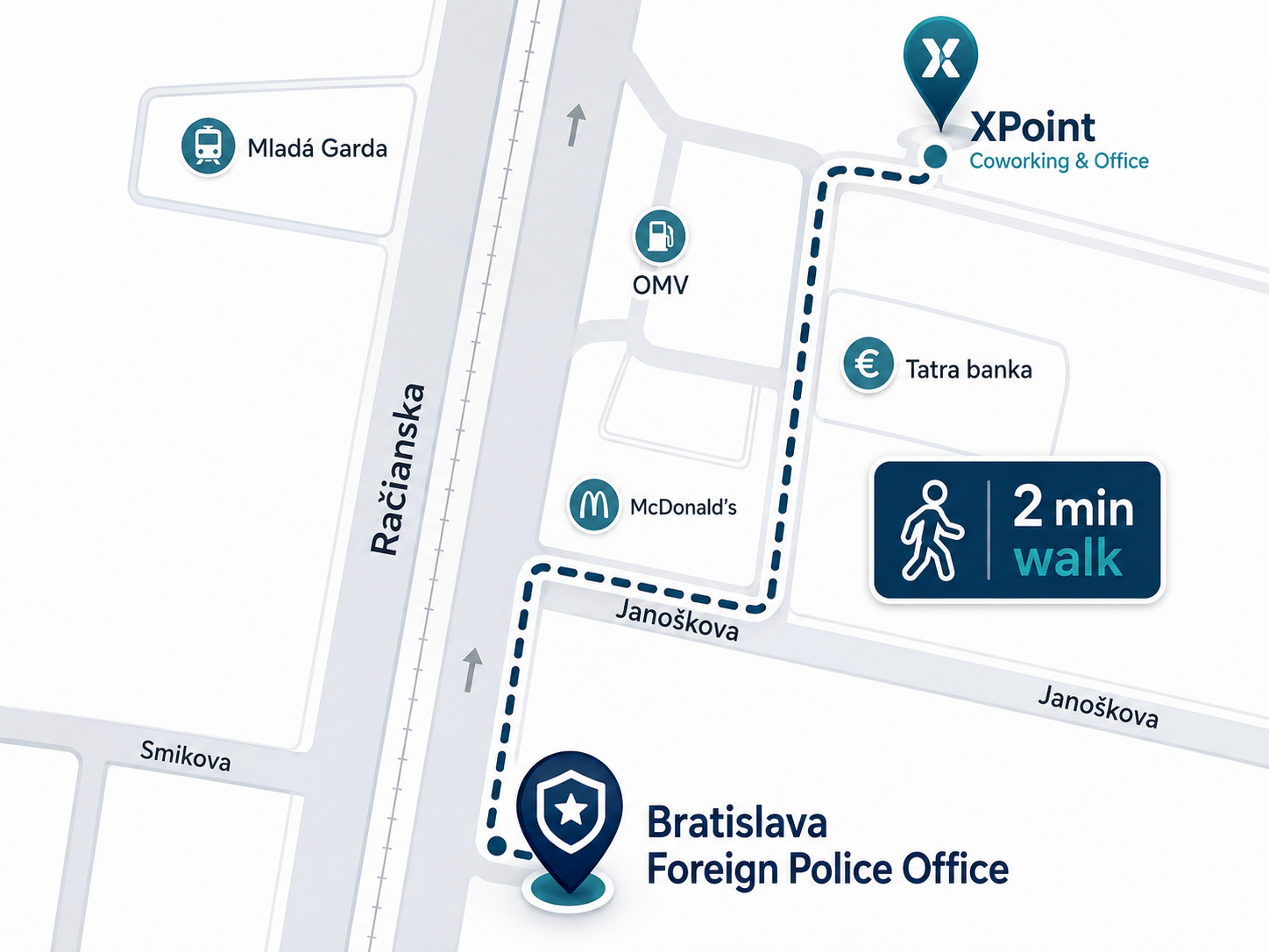 Map showing XPoint location 2 minutes from the Bratislava Foreign Police